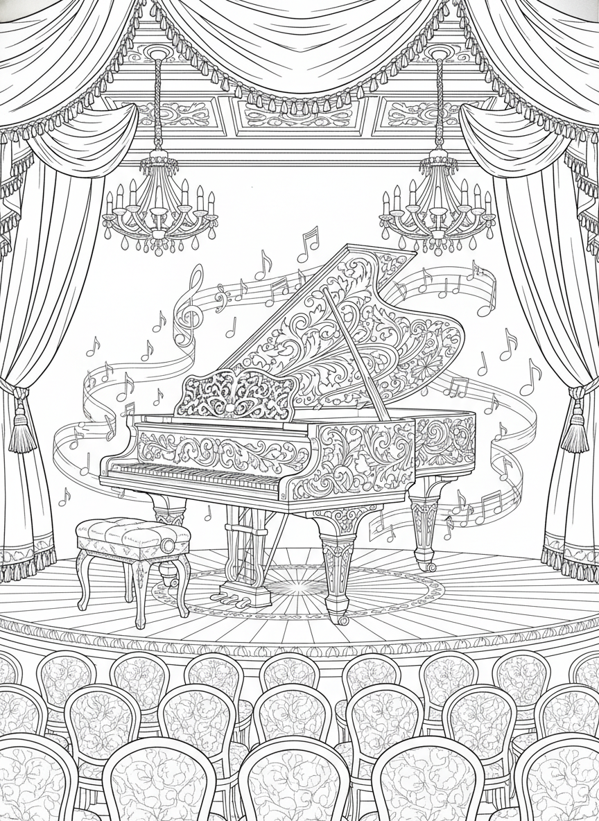 幻想的なグランドピアノのコンサートホール塗り絵 - 楽器 ぬりえページ 音楽と詳細 - 無料印刷可能な輪郭画