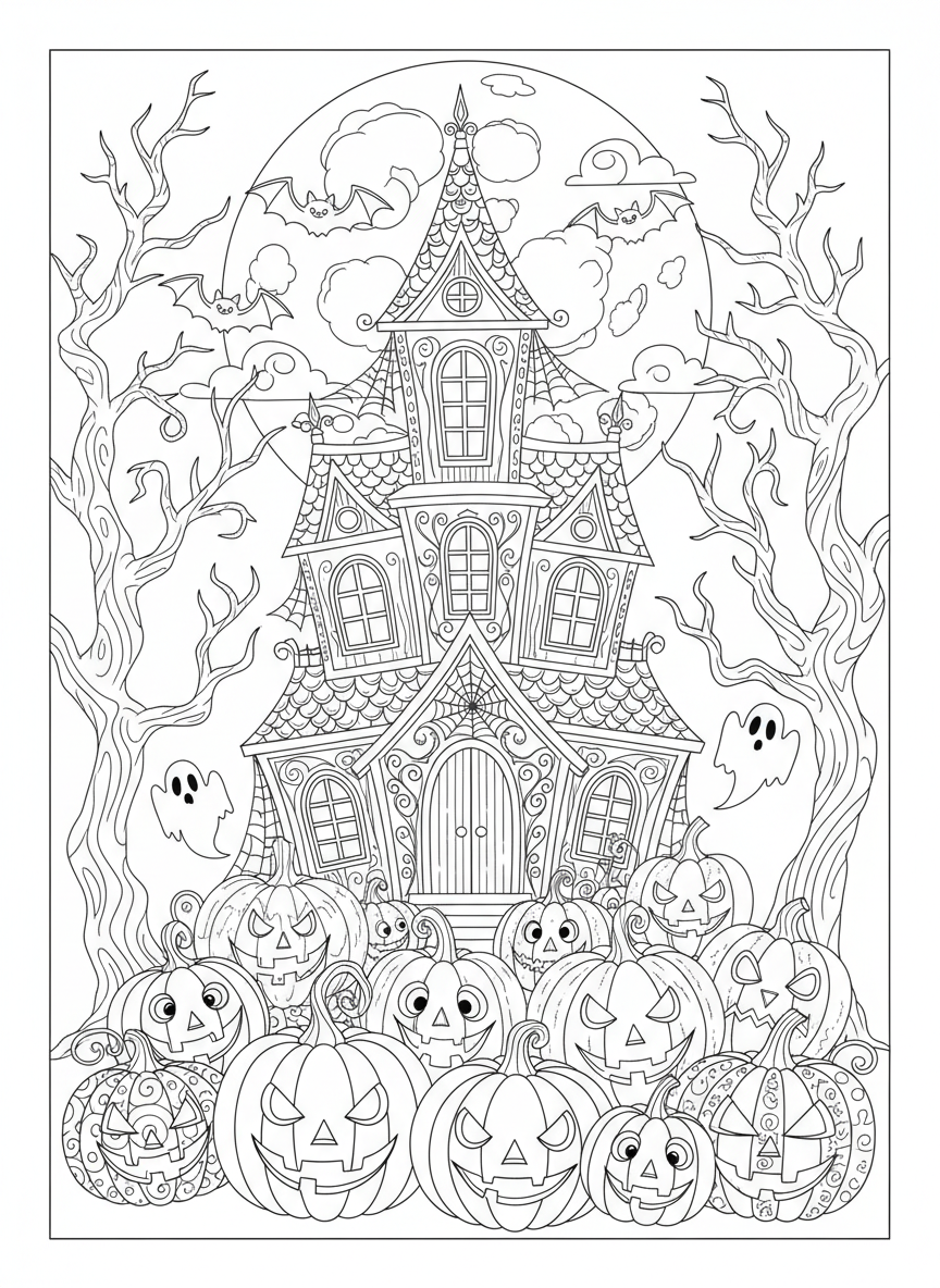 Whimsical Halloween Mansion: Detailed Coloring Page for Kids 8-10 - Halloween Coloring Page featuring Detailed and Halloween - Free Printable Outline Drawing for Kids