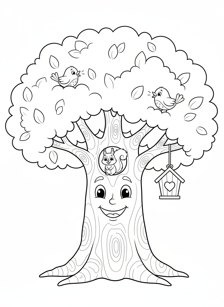 Árvore Feliz Caprichosa e Amigos da Floresta para Colorir - Floresta Desenho para Colorir com Fofo e Árvore Feliz - Desenho de Contorno Grátis Imprimível