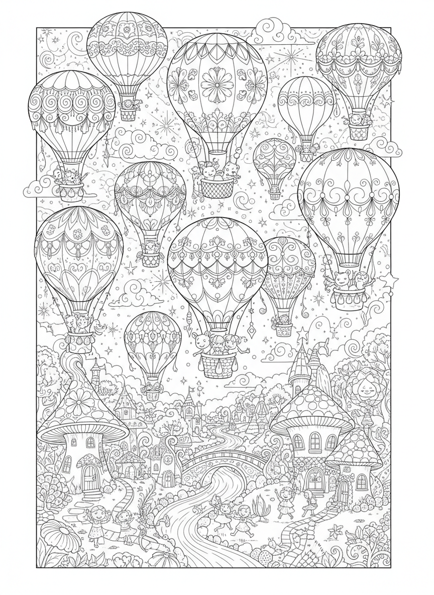 Whimsical Hot Air Balloon Festival Coloring Page for Kids - Hot Air Balloon Coloring Page featuring Fantasy and Detailed - Free Printable Outline Drawing for Kids