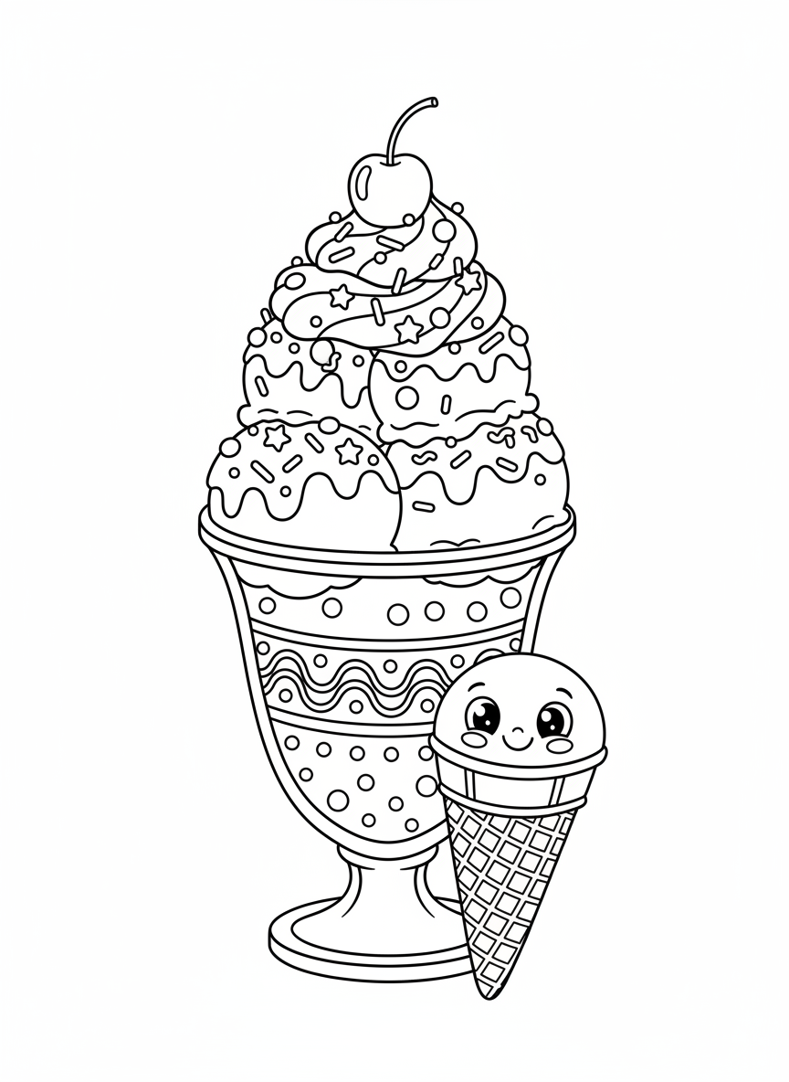 Whimsical Ice Cream Sundae with Waffle Cone Friend Coloring Page - Dessert Coloring Page featuring Cute and Ice Cream - Free Printable Outline Drawing for Kids