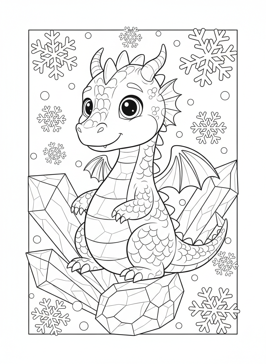 Página para Colorear de Dragón de Hielo Caprichoso para Niños - Dragón Dibujo para Colorear con Fantasía y Niños - Dibujo de Contorno Gratis Imprimible