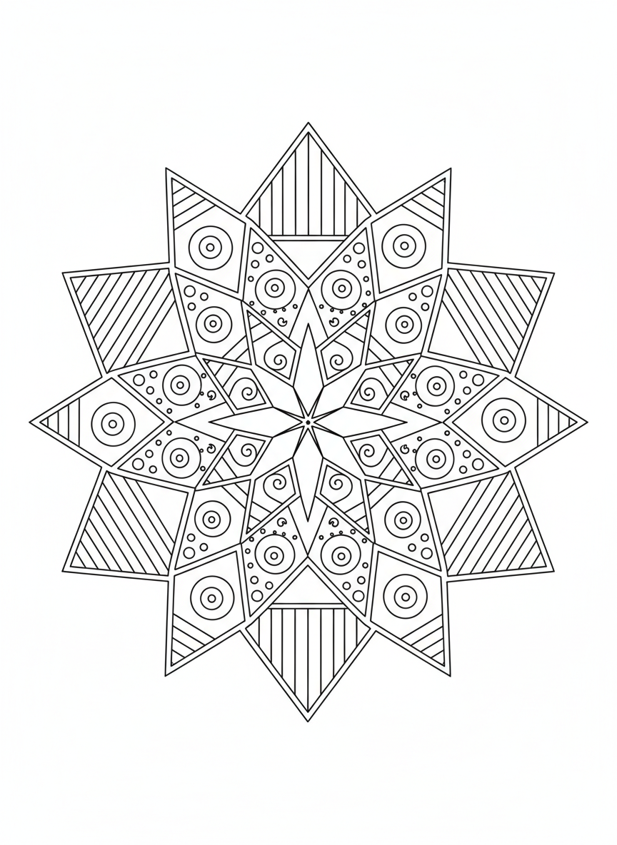 Whimsical Kaleidoscope: Geometric Flower & Star Kids' Coloring Page - Kaleidoscope Coloring Page featuring Easy to Color and Children - Free Printable Outline Drawing for Kids