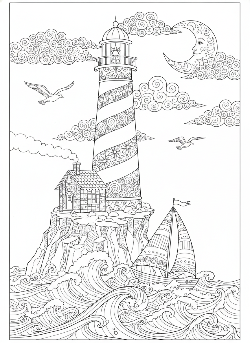 Whimsical Lighthouse Adventure: A Detailed Seascape Coloring Page - Seascape Coloring Page featuring Lighthouse and Detailed - Free Printable Outline Drawing for Kids