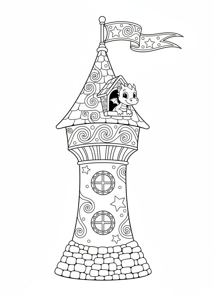 Whimsical Magic Tower with Friendly Dragon Coloring Page - Dragon Coloring Page featuring Fantasy and Kids - Free Printable Outline Drawing for Kids