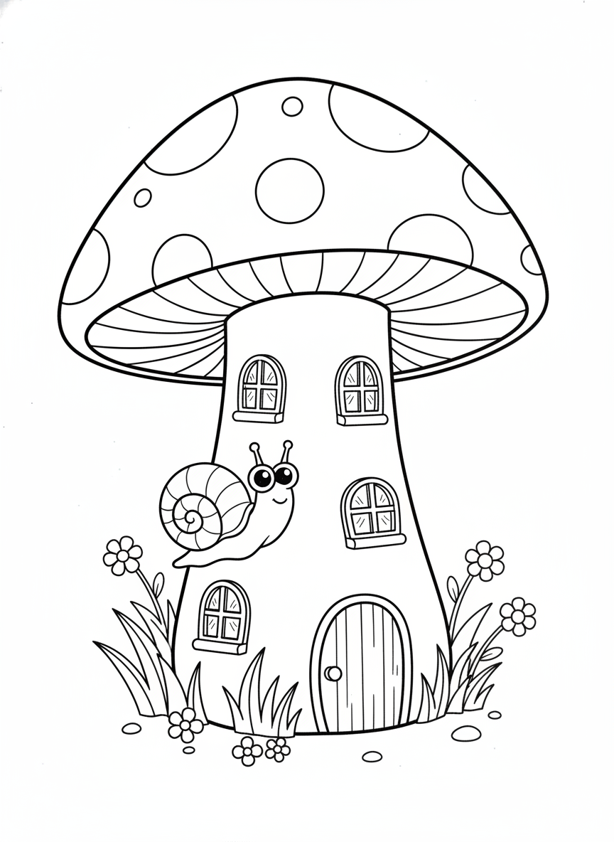 Página de Colorir Casa Cogumelo Caprichosa com Caracol Amigável - Cogumelo Desenho para Colorir com Fofo e Casa de Cogumelo - Desenho de Contorno Grátis Imprimível