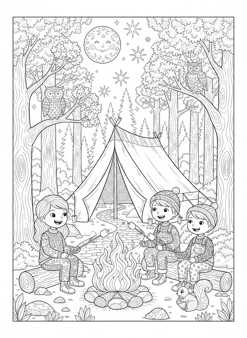 Aventura de Camping Nocturno: Página Detallada para Colorear en el Bosque - Campamento Dibujo para Colorear con Niños y Detallado - Dibujo de Contorno Gratis Imprimible