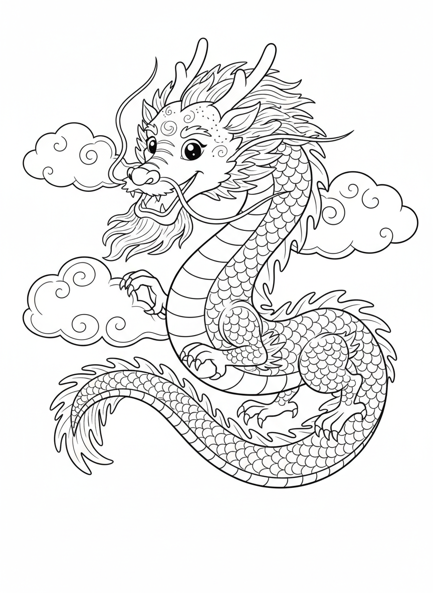 Whimsical Oriental Dragon Kids Coloring Page - Dragon Coloring Page featuring Fantasy and Dragon - Free Printable Outline Drawing for Kids
