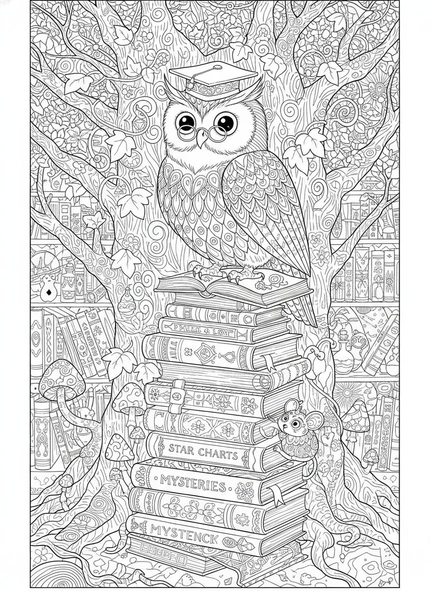 Whimsical Owl Library: An Enchanting Coloring Adventure - Owl Coloring Page featuring Whimsical Fantasy and Detailed Patterns - Free Printable Outline Drawing for Kids