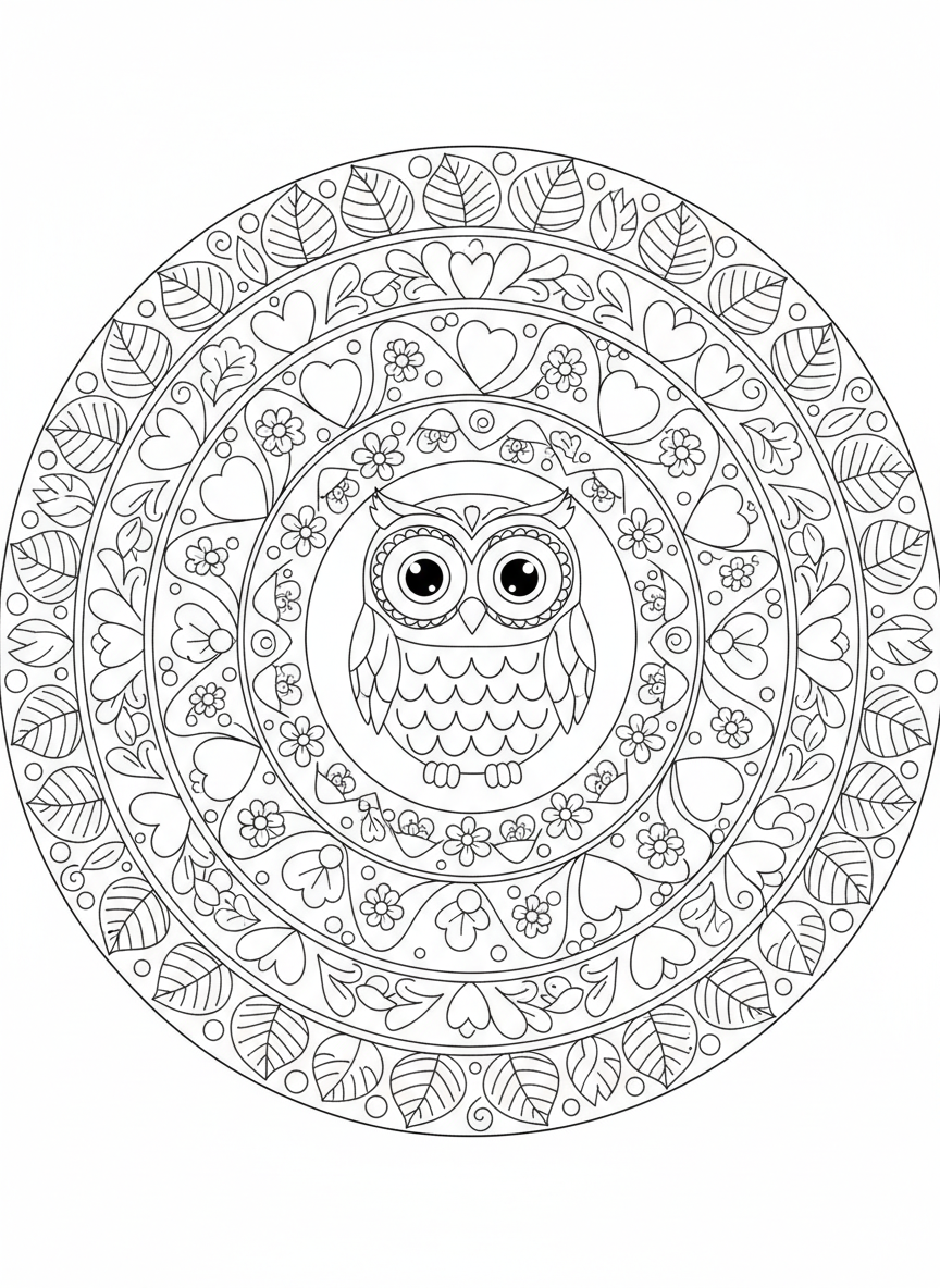 Whimsical Owl Mandala: A Nature-Inspired Coloring Page for Kids - Owl Coloring Page featuring Nature and Children - Free Printable Outline Drawing for Kids