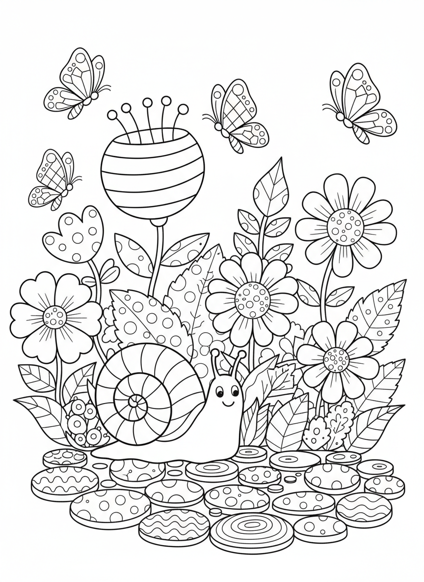 Página de Colorir de Jardim Caprichoso com Padrões para Crianças - Flores Desenho para Colorir com Jardim e Padrões - Desenho de Contorno Grátis Imprimível