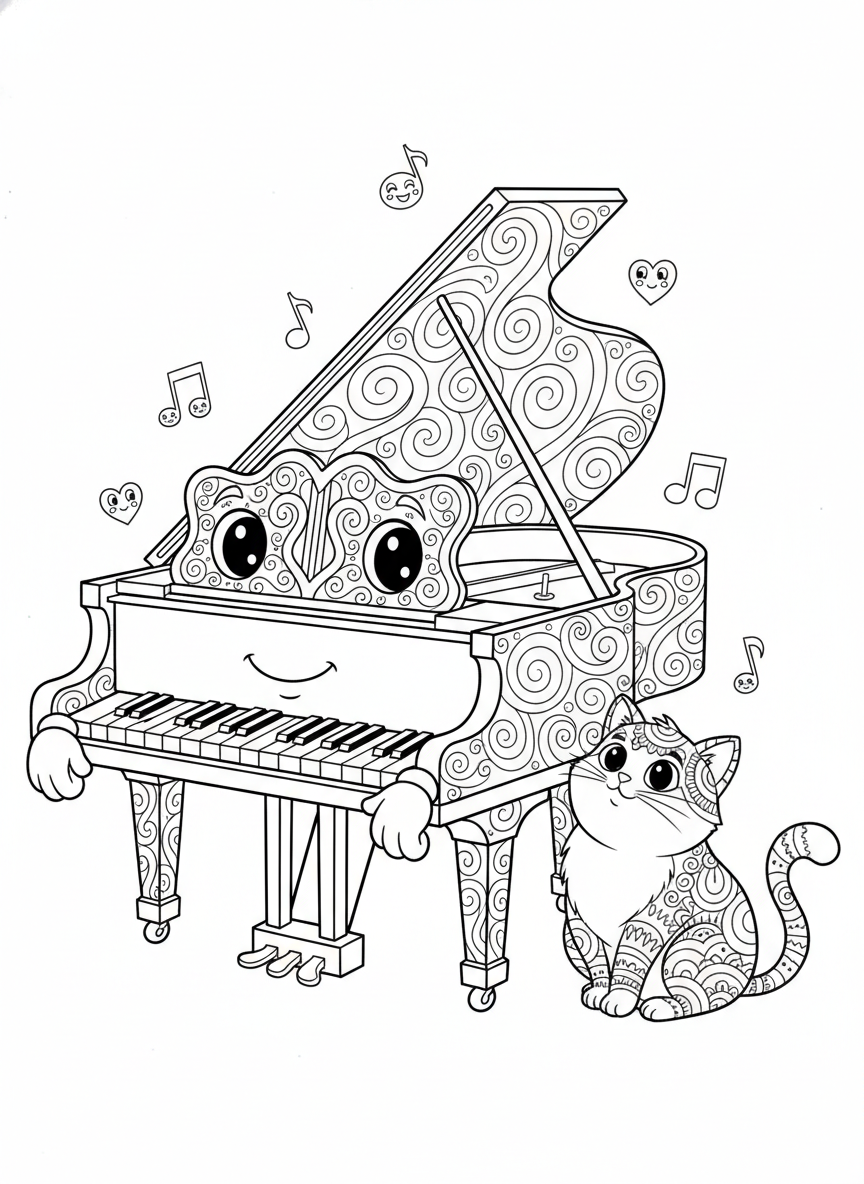 Whimsical Piano & Cat Musical Adventure Coloring Page - Musical Instrument Coloring Page featuring Children and Cute - Free Printable Outline Drawing for Kids
