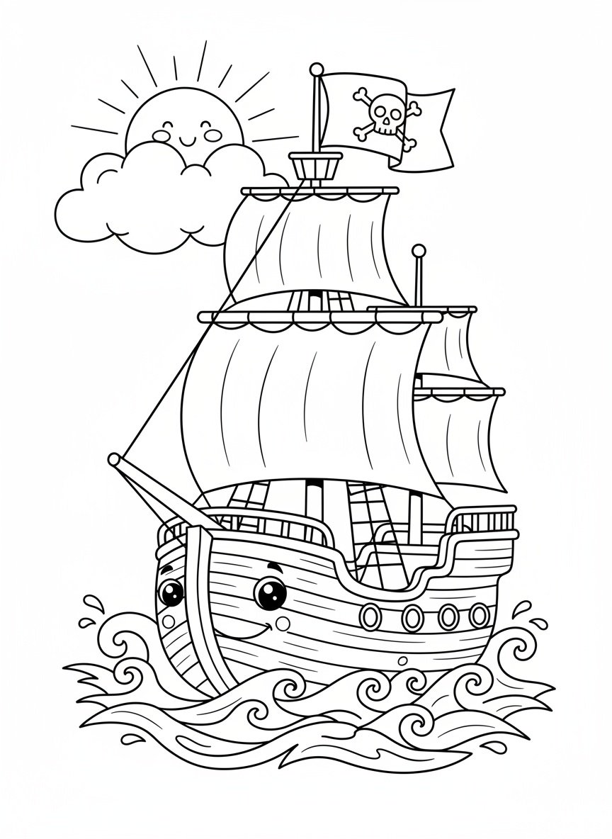 Página de Colorir Aventura de Navio Pirata Caprichoso - Barco Desenho para Colorir com Crianças e Navio Pirata - Desenho de Contorno Grátis Imprimível