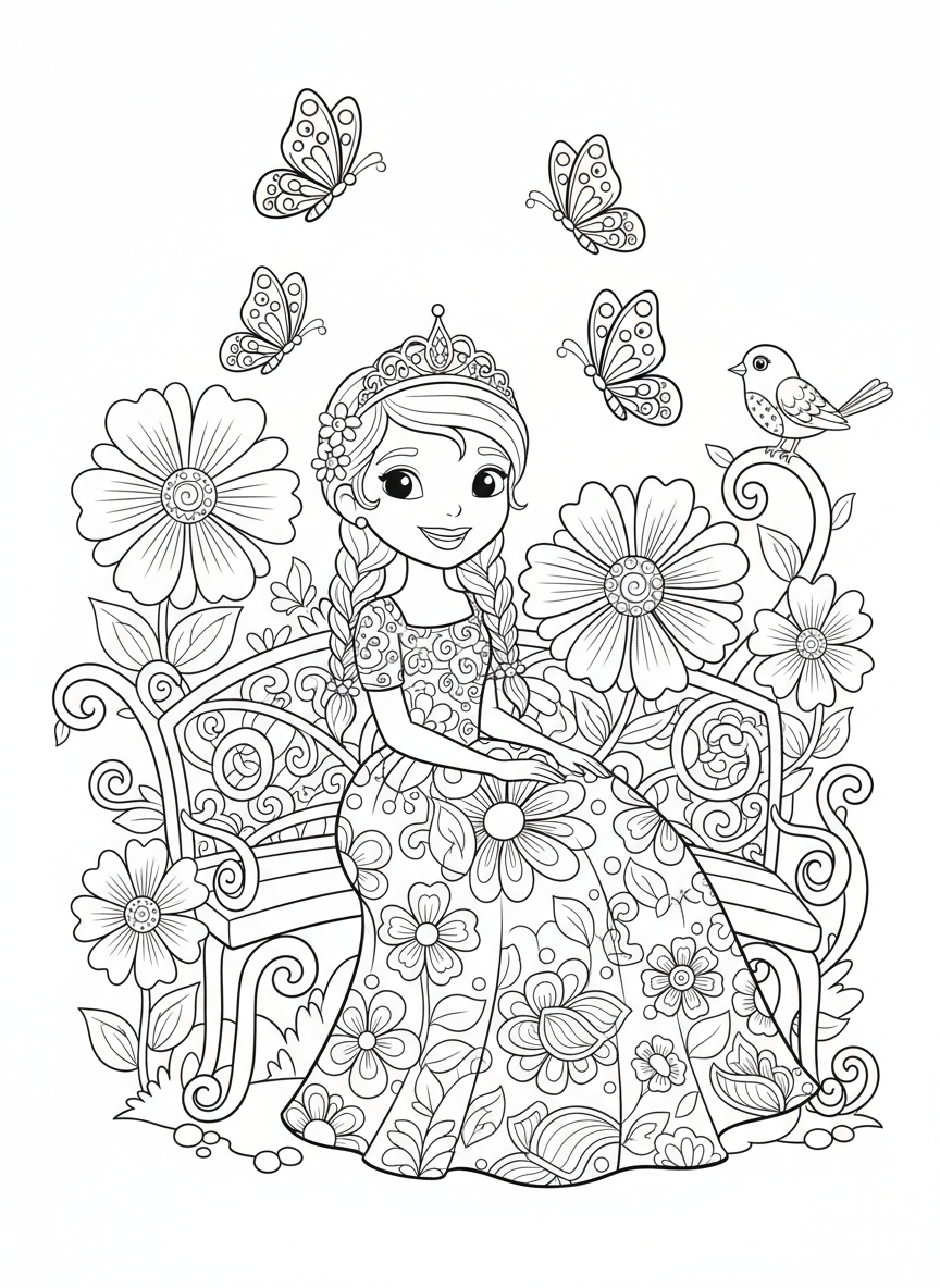 Whimsical Princess in an Enchanted Garden Coloring Page for Kids - Princess Coloring Page featuring Princess and Flowers & Butterflies - Free Printable Outline Drawing for Kids