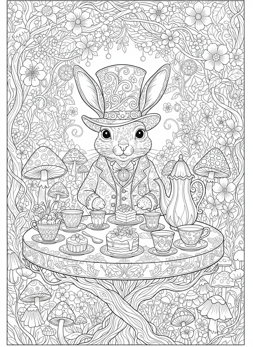 Whimsical Rabbit Tea Party in an Enchanted Garden - Rabbit Coloring Page featuring Fantasy and Detailed - Free Printable Outline Drawing for Kids