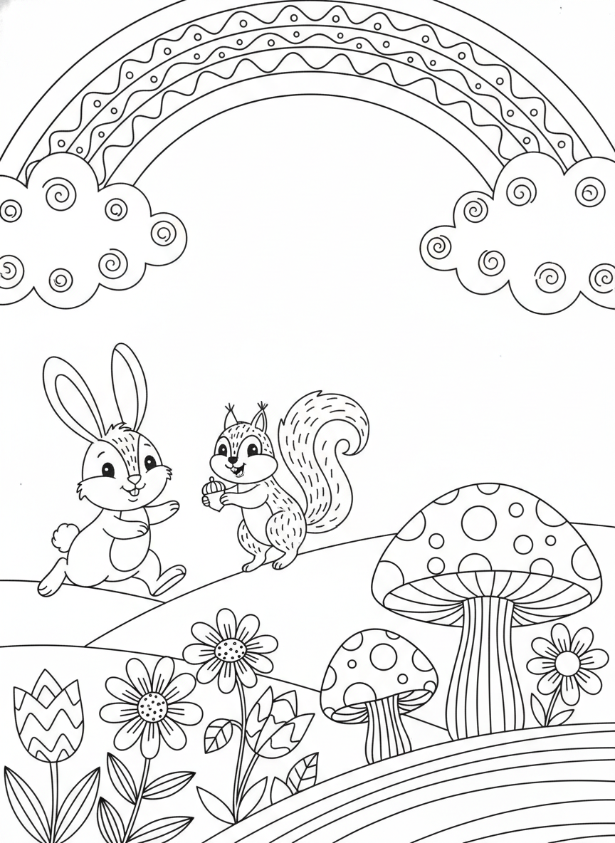 Whimsical Rainbow & Woodland Friends Coloring Page for Kids - Rainbow Coloring Page featuring Rainbow and Cute Animals - Free Printable Outline Drawing for Kids