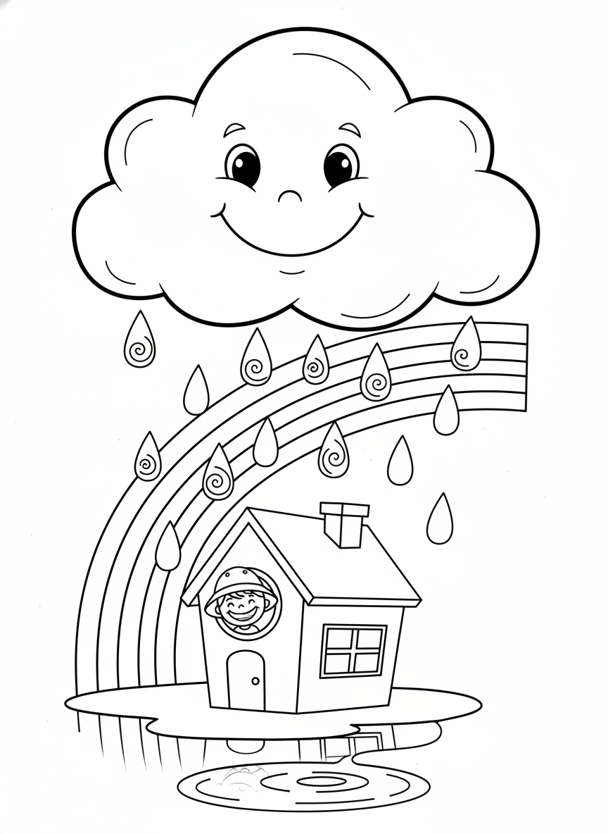 Whimsical Rainy Day Fun: Cute Cloud, Rainbow & Happy Child Coloring Page - Weather Coloring Page featuring Children and Cute - Free Printable Outline Drawing for Kids