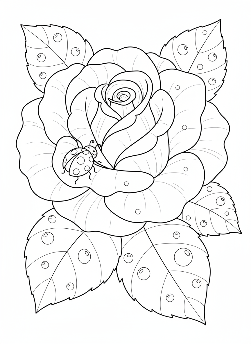 Rose Enchantée et Coccinelle : Coloriage Enfants - Fleurs Coloriage avec Facile à colorier et Nature - Dessin au Trait Gratuit Imprimable