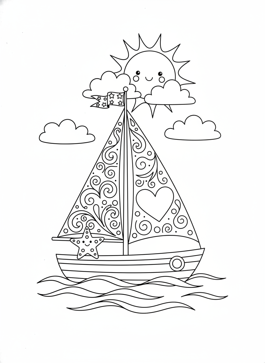 Aventure de Voilier Fantaisiste: Une Page de Coloriage pour Enfants - Bateau Coloriage avec Océan et Mignon - Dessin au Trait Gratuit Imprimable