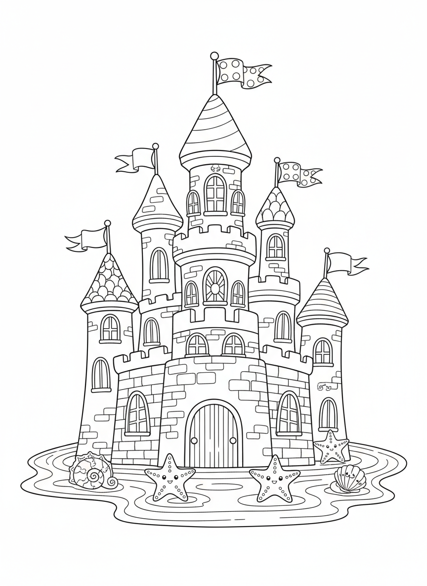 Página para Colorir: Castelo de Areia Divertido na Praia - Castelo Desenho para Colorir com Fácil de Colorir e Fofo - Desenho de Contorno Grátis Imprimível