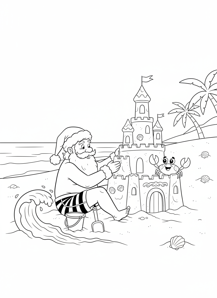 Whimsical Santa's Beach Day: Sandcastle Fun! - Christmas Coloring Page featuring Sandcastle and Crab - Free Printable Outline Drawing for Kids