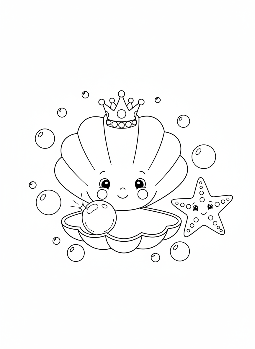 Whimsical Scallop Shell & Starfish Coloring Page - Ocean Animal Coloring Page featuring Ocean and Cute - Free Printable Outline Drawing for Kids