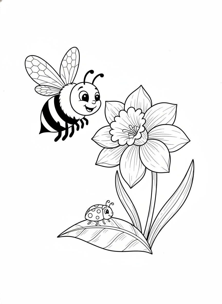 Whimsical Spring Bee & Flower Coloring Page for Kids - Bee Coloring Page featuring Children and Cute - Free Printable Outline Drawing for Kids