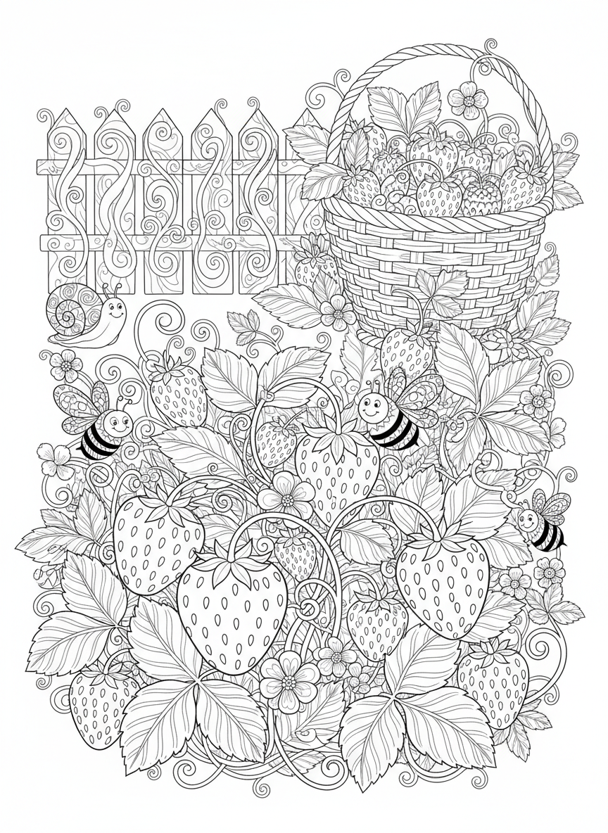 Página de Colorir Campo de Morangos Encantador - Fruta Desenho para Colorir com Jardim e Detalhado - Desenho de Contorno Grátis Imprimível