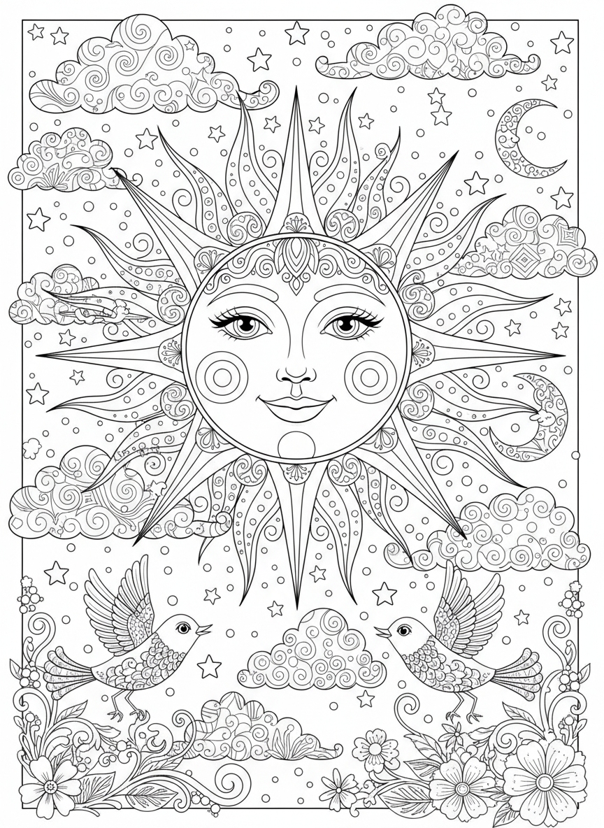 Whimsical Sun & Celestial Friends Detailed Coloring Page - Space & Planet Coloring Page featuring Happy and Children - Free Printable Outline Drawing for Kids