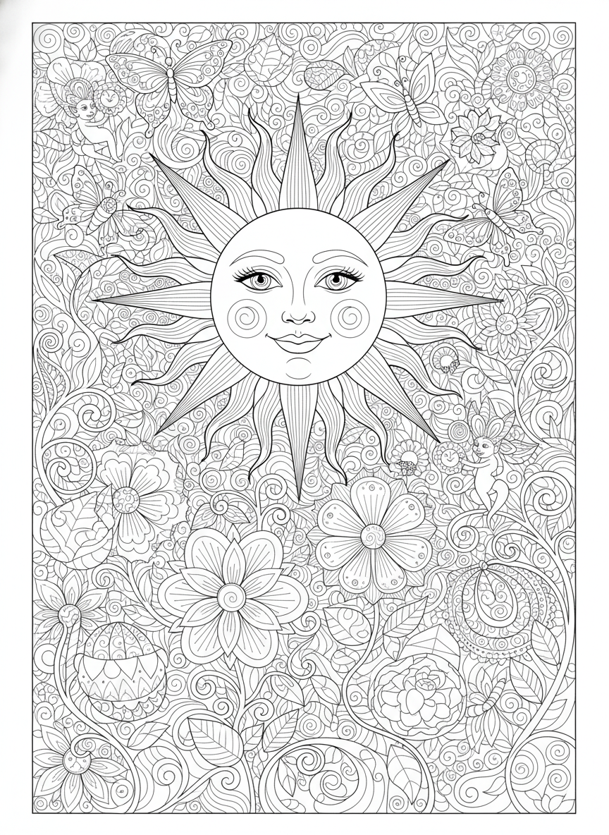 Whimsical Sun Garden: Intricate Fantasy Coloring Page for Kids - Flowers Coloring Page featuring Children and Fantasy - Free Printable Outline Drawing for Kids