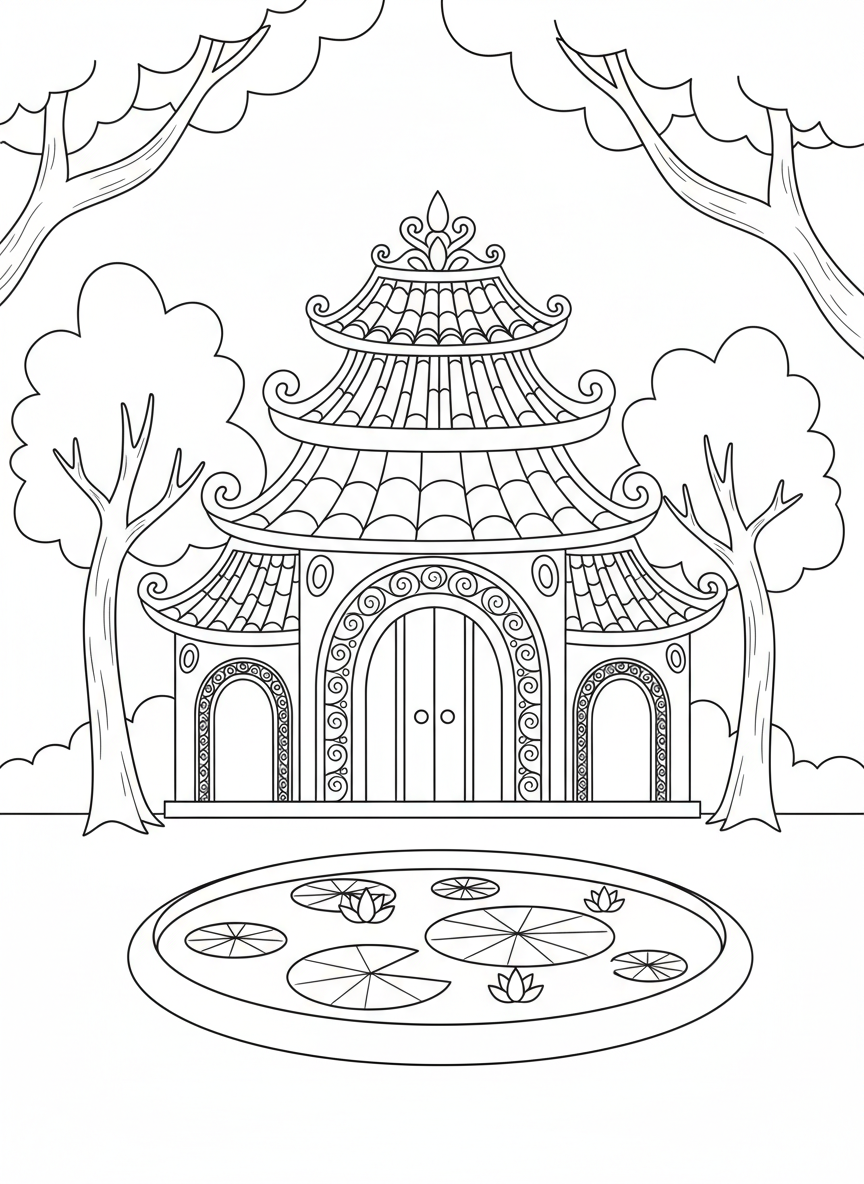 Fantasievolles Tempel-Malbuch für Kinder: Friedliche Bögen & Teich - Tempel Malvorlage mit Leicht zu färben und Tempel - Kostenlose Druckbare Umrisszeichnung