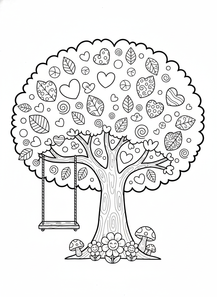 Página de Colorir Árvore Fantástica com Balanço de Corda para Crianças - Floresta Desenho para Colorir com Natureza e Crianças - Desenho de Contorno Grátis Imprimível