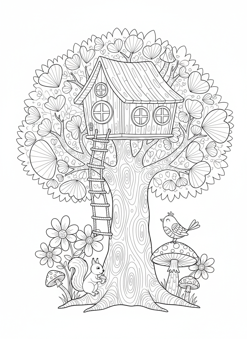 Whimsical Treehouse Adventure: A Forest Friends Coloring Page for Kids - Woodland Coloring Page featuring Storybook Style and Treehouse - Free Printable Outline Drawing for Kids