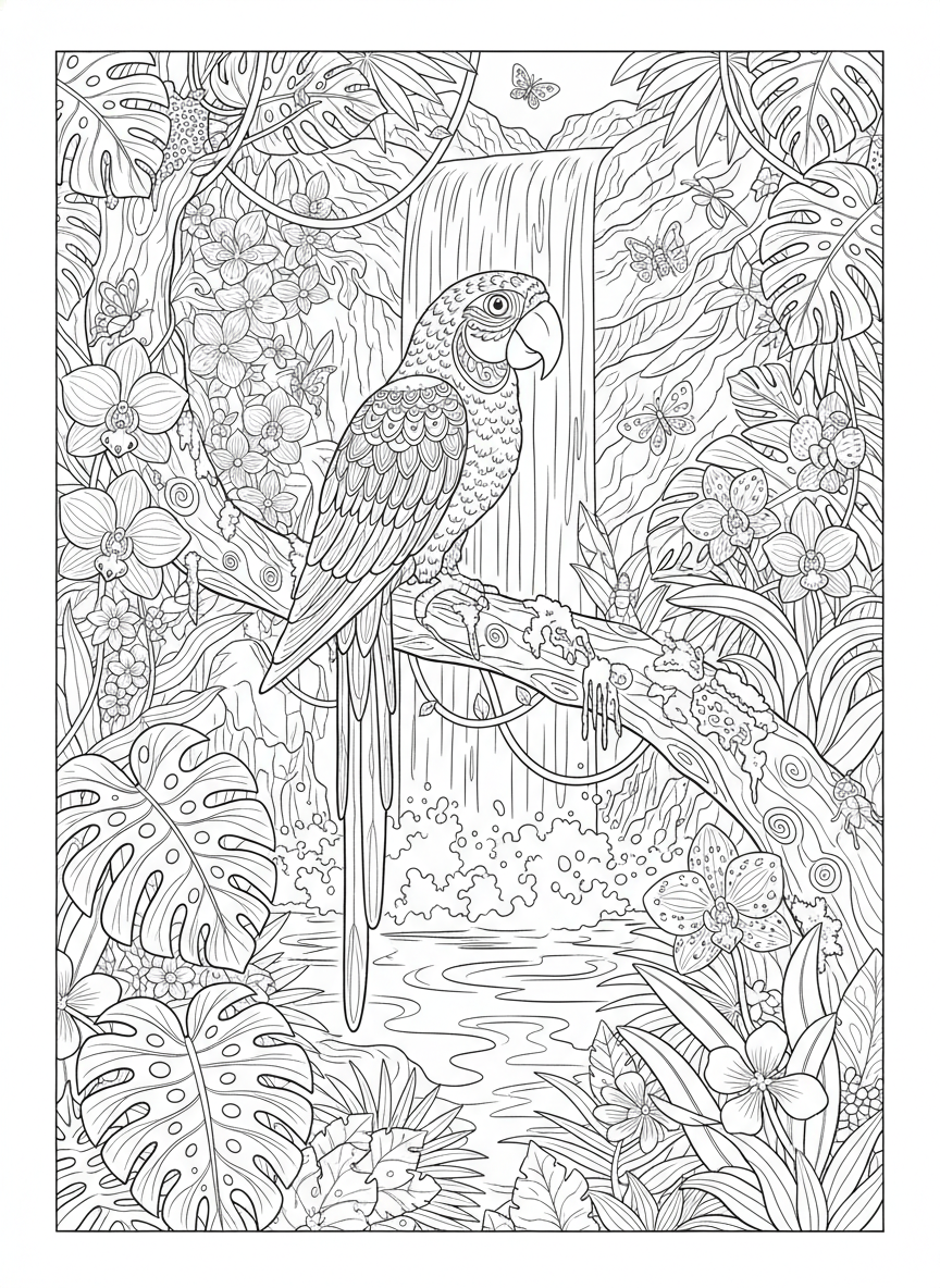 Whimsical Tropical Parrot & Rainforest Scene Coloring for Ages 8-10 - Bird Coloring Page featuring Detailed and Parrot - Free Printable Outline Drawing for Kids
