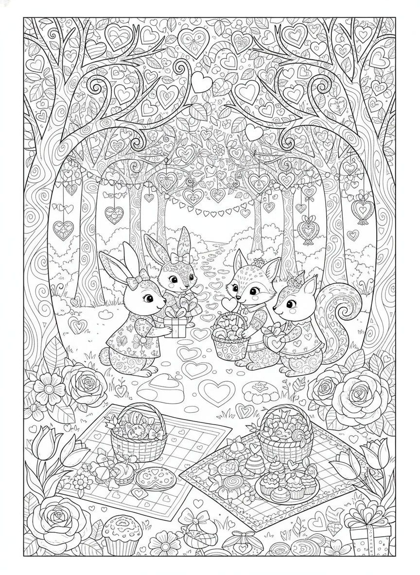 Whimsical Valentine's Day Party in an Enchanted Forest - Valentine Coloring Page featuring Detailed and Valentine - Free Printable Outline Drawing for Kids