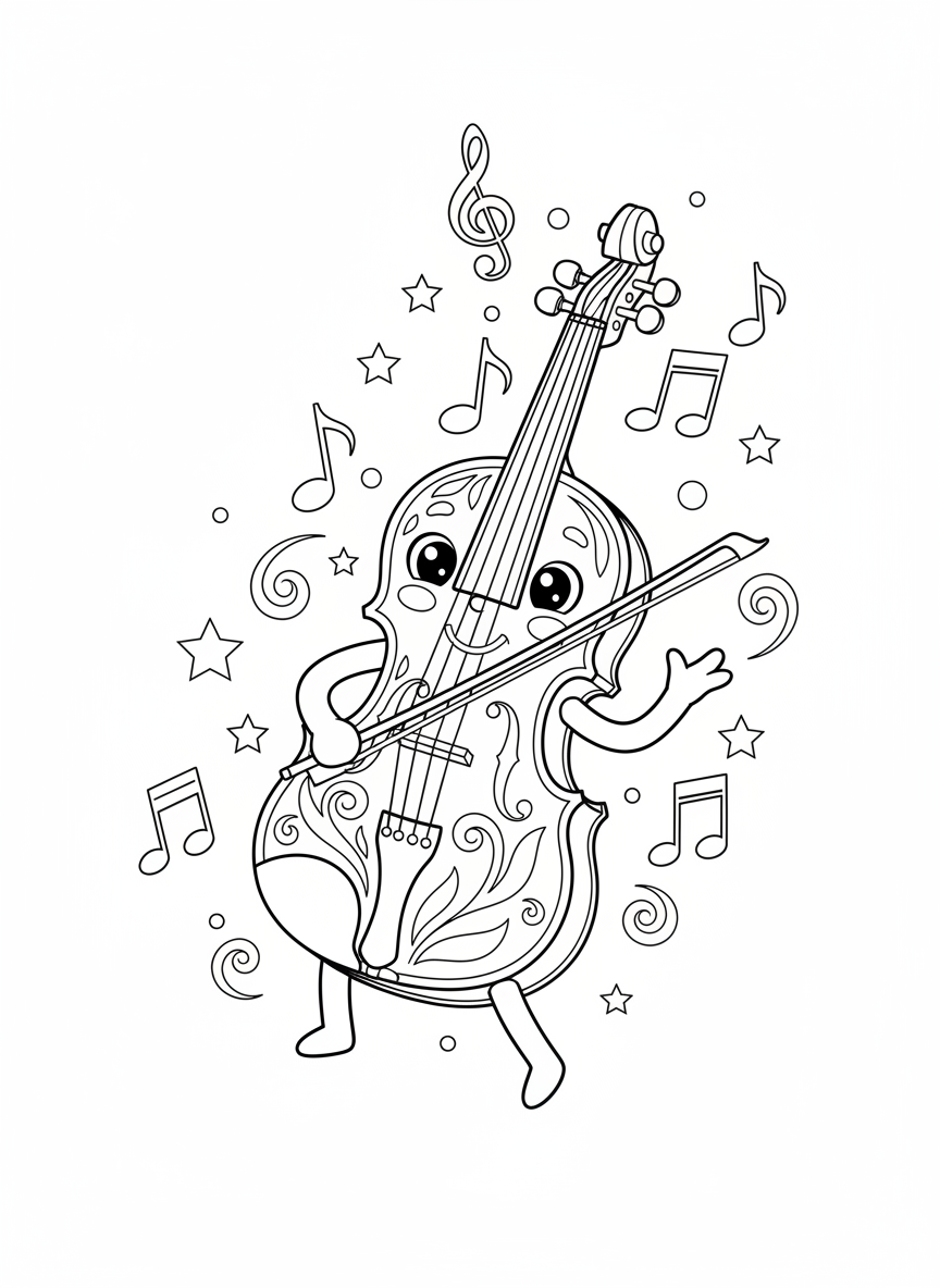 Whimsical Violin Character Coloring Page for Kids - Musical Instrument Coloring Page featuring Cute and Kids - Free Printable Outline Drawing for Kids