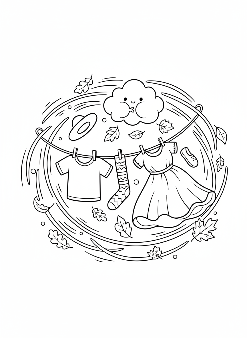 奇妙な風の楽しみ：洗濯物と秋の葉っぱの塗り絵アドベンチャー - 天気 ぬりえページ 子供とかわいい - 無料印刷可能な輪郭画