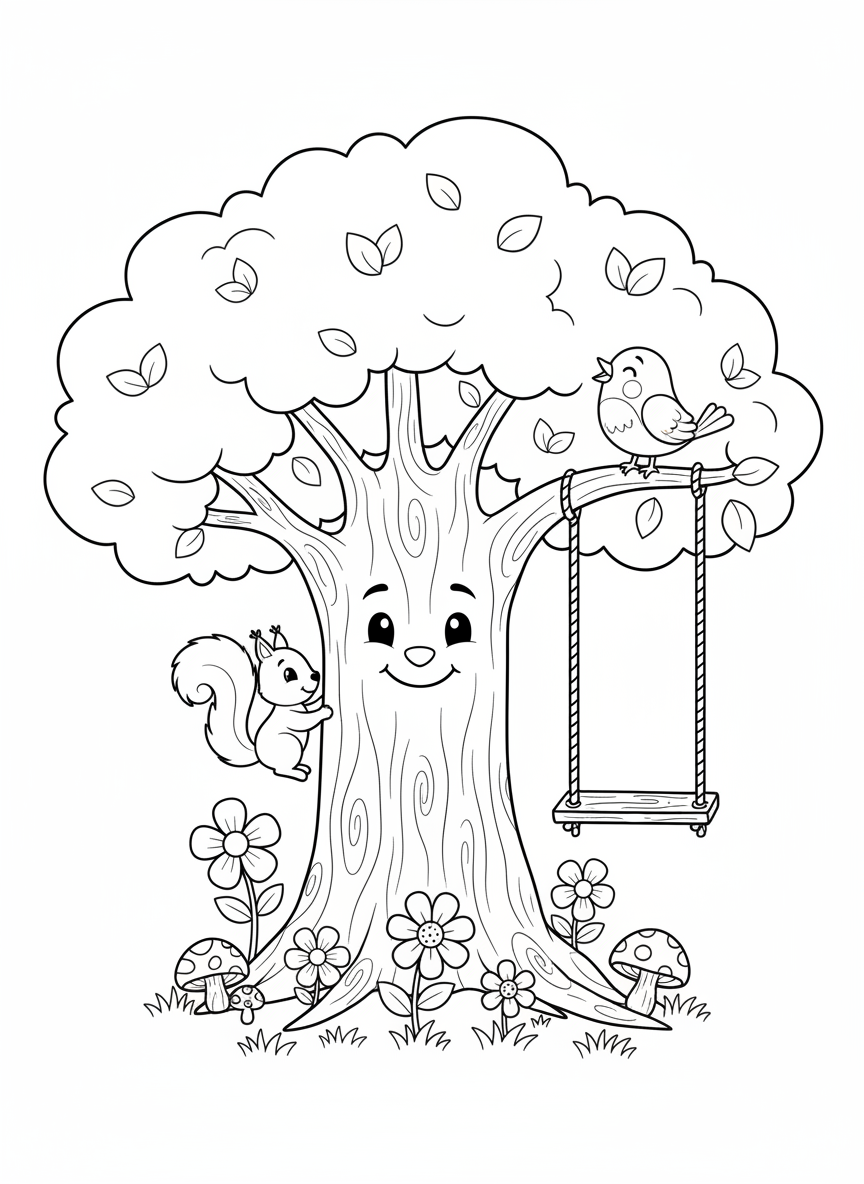Whimsical Woodland Tree & Animal Coloring Page for Kids - Woodland Coloring Page featuring Nature and Children - Free Printable Outline Drawing for Kids