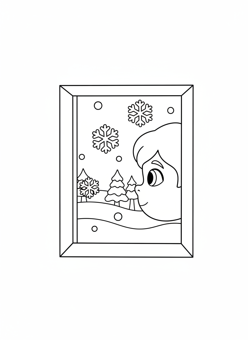 Window View Snowy Day Coloring Page - Winter Coloring Page featuring Snow and Seasonal - Free Printable Outline Drawing for Kids