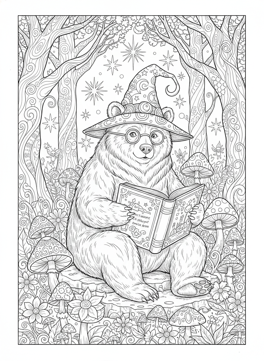 Wise Bear Wizard's Enchanted Forest Adventure Coloring Page - Wizard Coloring Page featuring Children and Fantasy - Free Printable Outline Drawing for Kids