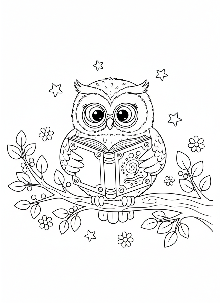Wise Owl Reading Book: Cute Cartoon Coloring Page for Kids 5-8 - Owl Coloring Page featuring Nature and Easy to Color - Free Printable Outline Drawing for Kids