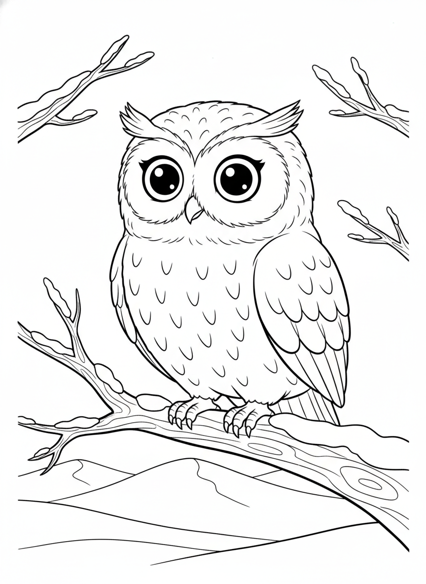Wise Snow Owl Perched Coloring Page - Winter Coloring Page featuring Snow and Seasonal - Free Printable Outline Drawing for Kids